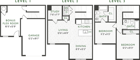 Floor plan for 2 beds, 2 baths, 1599 sqft